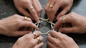 Руки в дорогих костюмах соединяют золотые кольца, иллюстрируя создание ассоциаций и союзов для бизнеса