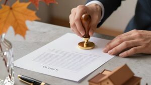 Золотая печать на документе и осенние листья как регистрация благотворительных фондов в октябре
